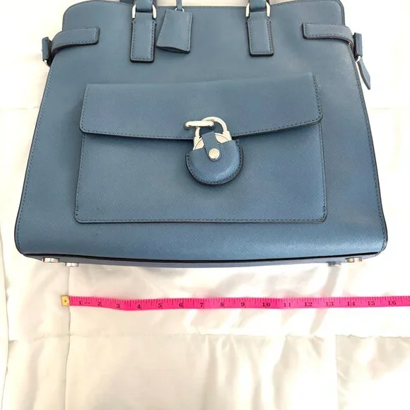 Michael Kors Tote Bag Emma Satchel Shoulder Crossbody Blue Pockets Leather - Picture 5 of 14